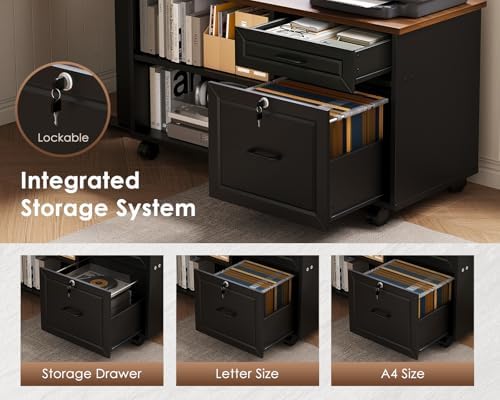 OffiGo 55" L Shaped Electric Standing Desk with Cabinet Sets, Walnut/Black