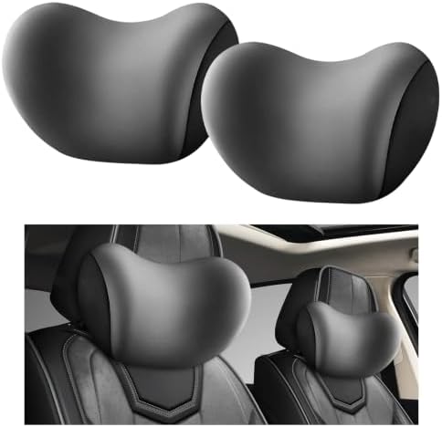 2 PCS Car Headrest Cushion, Ergonomic Memory Foam Car Neck Back Support w/Removable Cover, Universal Breathable Lumbar Cushion Headrest Pillow with Adjusatble Strap (Gray)