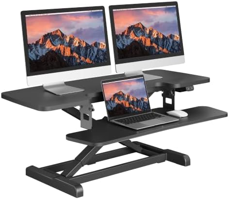 SANODESK 42" Electric Standing Desk Converter, Height Adjustable Riser for Office Home,Dual Monitor and Laptop Workstation with Large Keyboard Tray, Black Color