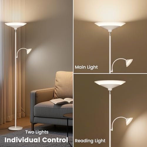 SIBRILLE Upgraded 2-Light Torchiere Floor Lamp - 34W Color Changing Standing Lamp with Remote, Rotatable Floor Reading Light, Modern Standing Light with for Living Room Bedroom Office, White
