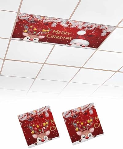 Santa Claus Red Magnetic Fluorescent Light Covers for Ceiling Lights 2 x 4 Feet,Christmas Cute Deer Pine Tree Ball Office Classroom Kitchen Drop Ceiling Light Covers Filters Shade Panel 2 Packs