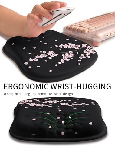 Hokafenle Ergonomic Wrist-hugging Mouse Pad Wrist Support, U-shaped Holding Wrist Rest Mousepad for Carpal Tunnel Pain Relief with Cushioned Memory Foam Slope Massage Bulge (10.2x8.3 in,CherryBlossom)