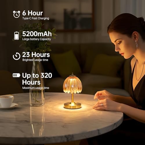 Shenmoyl Tulip Small Table Lamp, 5200mAh Cordless Touch Control Mini Table Lamp with 3 Color Temps & Stepless Dimming, Perfect for Small Spaces Like Dressers, Bedsides, Bookshelves (Amber Tulip)