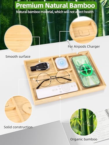 Bamboo Valet Tray with Dual Wireless Charger - EDC Nightstand Organizer for Men - Desk Tray & Catchall for Phone, Watch, Keys - Aesthetic Desk Accessories & Father’s Day Gift for Men (Natural)