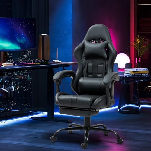 Massage Gaming Chair with Footrest & Lumbar Support, Black