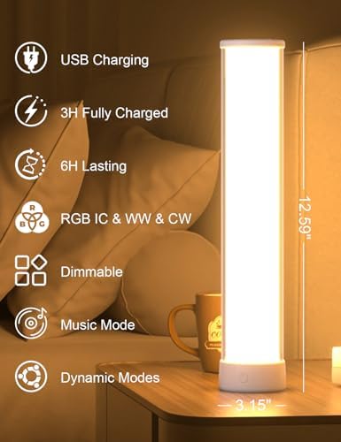 Rechargeable Table Lamp, RGB IC LED Light Bar, 1500 Lumens, APP & Remote Control Bedside Table Lamp with Music Sync, Color Changing Ambient Lighting for Bedside Table Desk Monitor Gaming White
