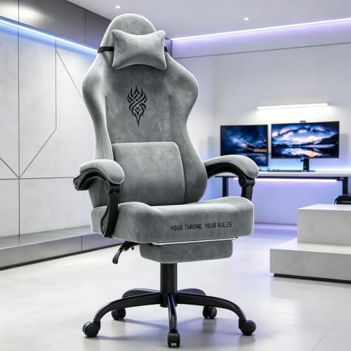 Soontrans Dark Grey Velvet Fabric Gaming Chair for Adult, Ergonomic Comfortable Video Gamer Chair with Footrest, Reclining Office Computer Desk Game Chairs with Massage Lumbar Cushion,Headrest