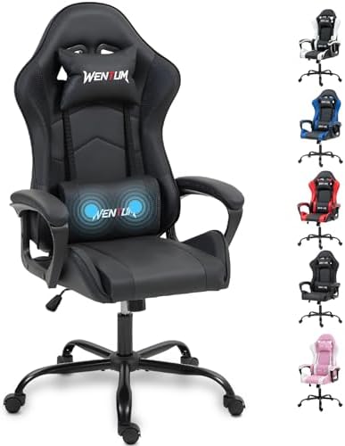 Massage Gaming Chair, Ergonomic PC Desk Chair with Headrest and Massage Lumbar Support, Video Game Chair with Height Adjustable High Back for Home Office, Black, PU Leather