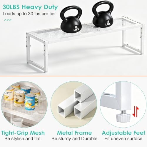 2 Pack Expandable Cabinet Shelf Organizer, Adjustable Kitchen Countertop Metal Storage Shelves Organizers, Stackable Kitchen Counter Pantry Cupboard Storage Rack, 30LBS Load Capacity,15.5"-25.5" Long