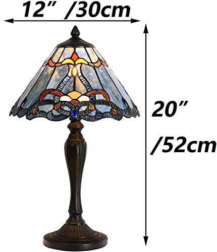 Bieye L10683 Baroque Tiffany Style Stained Glass Table Lamp Night Light with 12 Inch Wide Blue Lampshade for Bedside Bedroom Living Room, 20 inch Tall