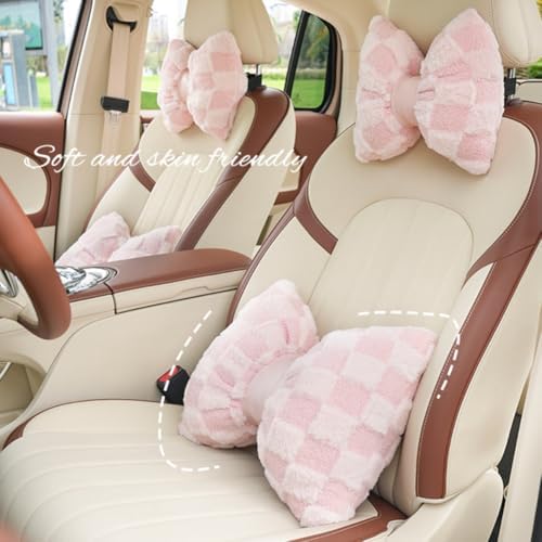 4 Pack Car Neck Pillow and Lumbar Support Cushion Plush Butterfly Knot Headrest Pillow Comfortable Waist Support Cute Car Interior Decor