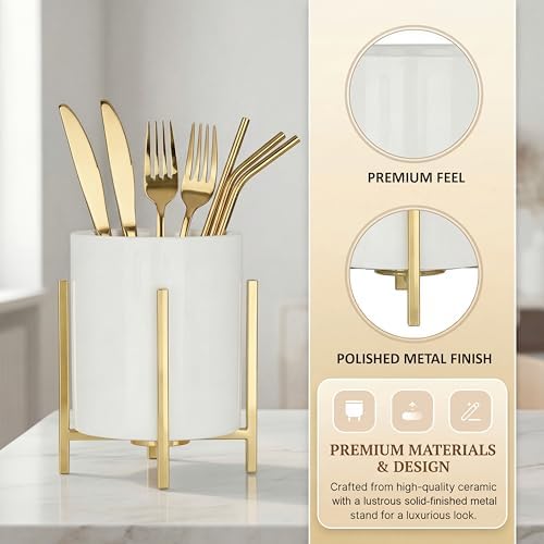 Ceramic Pen Holder for Desk, Durable Ceramic Pencil Cup Holder for Womens Girls, Makeup Cup for Brushes, with 4 Legs Metal Frame