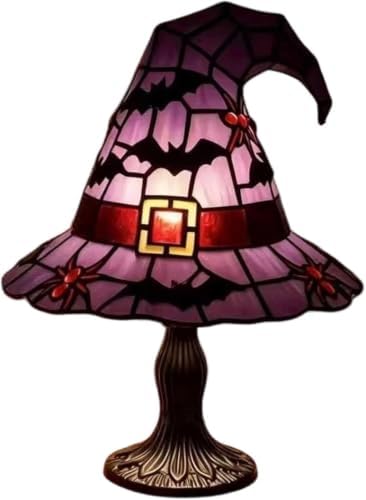 Stained Glass Witch Hat Lamp, Handcrafted Resin Halloween Witch Lamp (Purple)