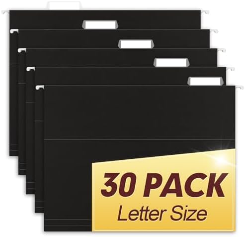 HERKKA Hanging File Folders, 30 Pack Reinforced Letter Size Hanging Folders, Designed for Bulky Files, Filing Cabinet, 1/5-Cut Adjustable Tabs (Black)