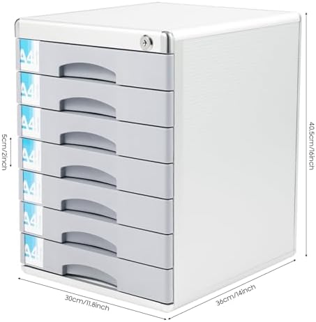 Desk Organizer with 7 Drawers, Metal Desktop Storage Cabinet File Holder with Locks and Keys, Filing Case Literature Organizer for Office Home, L11.8*D14*H16in, Silver & Grey