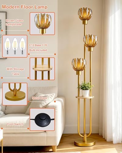 Lightdot Lotus Glass Floor Lamp with Shelf Amber Flower Gold Floor Lamps