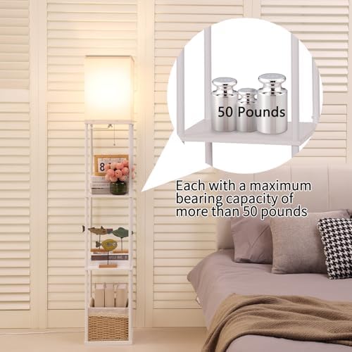 Gupuzm Floor Lamp with Shelves, Modern Square Standing Lamp with 3 Color Temperature Bulb, Corner Display Bookshelf Lamp for Living Room, Bedroom and Office（White）