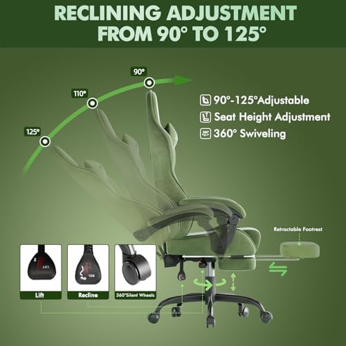 Soontrans Ergonomic Velvet Fabric Gaming Chair with Footrest, Comfortable Video Gamer Chair for Adult, Reclining Office Computer Desk Game Chairs with Massage Lumbar Cushion,Headrest