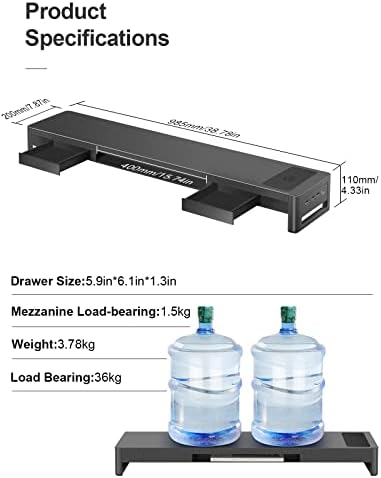 meatanty Dual Monitor Stand Riser with 2 Drawers,4 USB Ports and Charging Pad,Metal Monitor Stand for 2 Monitors Supports Transfer Data and Charging,Desk Organizer for PC,iMac(38.7 inches)
