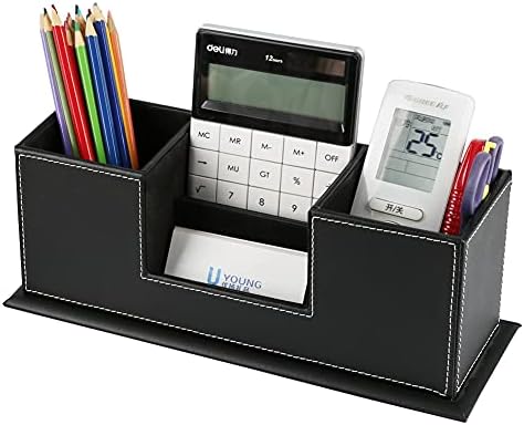 KINGFOM™ Double Holder Leather Multi-Function Desk Stationery Organizer Pen Pencil Holder Black