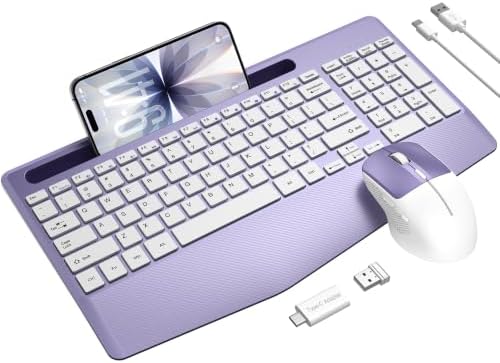 Rechargeable Silent Wireless Keyboard and Mouse Combo, Ergonomic Wrist Rest & Phone Tablet Holder, USB-C Adapter Included, 2.4G Lag-Free Cordless Set for Windows Mac Laptop PC Home Office (Purple)