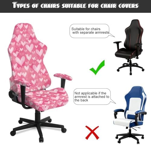 Heart Print Gaming Chair Cover with Armrest Covers Stretchable Anti Scratch Furniture Protector Anti Slip Washable Office Chair Slipcover for Valentine's Day