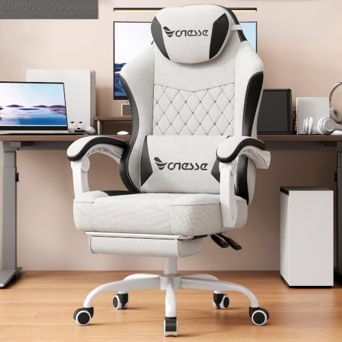 Vonesse Gaming Chair, Desk Chair with Linen Breathable Mesh Fabric, Office Chair with Adjustable Lumbar Support, Computer Chairs with Footrest and Headrest (Beige White)