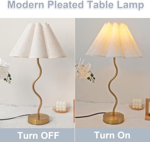 Gold Pleated Table Lamp, Modern Bedside Lamp with Wavy Scalloped Shade
