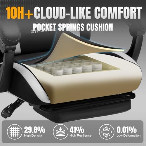GTPLAYER Gaming Chair with Pocket Spring Cushion, Leather Office Chair with Ergonomic High Back & Lumbar Support for Back Pain Relief, Computer Game Chair for Adults, White/Black