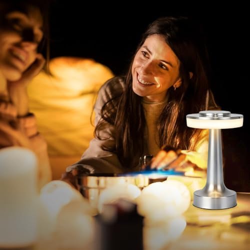 JHPGEOE Cordless Metal Desk Lamp, Touch Sensor Control LED Table Lamp,3 Color Stepless Dimmable Battery Powered Lamp for Living Room, Dorm, Home Office (Silver)