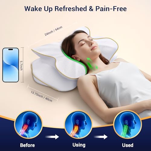 AZBESTPRO Memory Foam Cervical Pillow for Neck Support & Pain Relief, Butterfly Ergonomic Design – 24×15.75×5.7 Inches, Removable 100% Polyester Pillowcase, Suitable for Side & Back Sleepers (Gold)