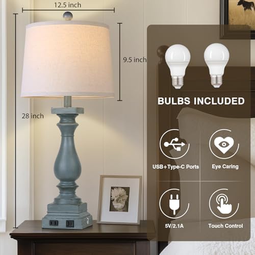28" Tall Farmhouse Table Lamp with USB C+A Ports and AC Outlet, 3 Way Touch Control Rustic Bedside Lamp for Bedroom, Blue Vintage Nightstand Lamp for Living Room Office
