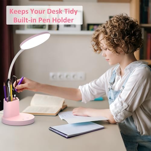 LED Desk Lamp for College Dorm with Pen Phone Holder, Pink