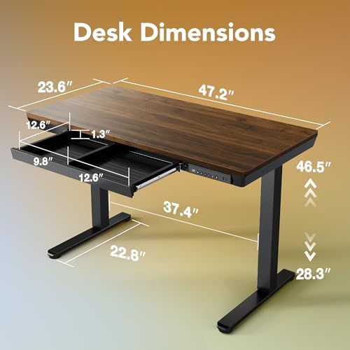 HUANUO Electric Standing Desk with Drawers, 48 X 24 Inch Electric Adjustable Height Desk, Quick Install One-Piece Tabletop with USB Charging Ports, Sit to Stand Up Desk for Home Office, Black Walnut