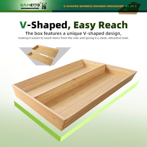 BAMOTTO CRAFTBAMBOO Large Long V-Shaped Bamboo Drawer Organizer Set of 3