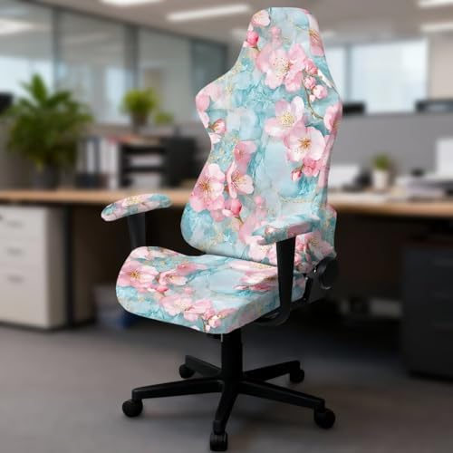 Cherry Blossom Marble Print Gaming Chair Cover for Cats Washable Non Slip Furniture Protector Stretch Gamer Chair Slipcover with Armrest Covers