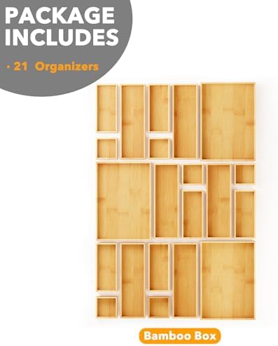 SpaceAid 21-Piece Bamboo Drawer Organizer Storage Boxes Set, Wood Tray Junk Drawer Organizers Multi-Use Divider Bins for Kitchen, Bathroom, Office Desk and Makeup Organization (21 Pack, Natural)