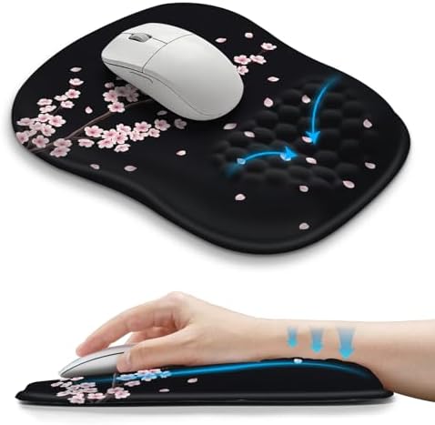 Hokafenle Ergonomic Wrist-hugging Mouse Pad Wrist Support, U-shaped Holding Wrist Rest Mousepad for Carpal Tunnel Pain Relief with Cushioned Memory Foam Slope Massage Bulge (10.2x8.3 in,CherryBlossom)