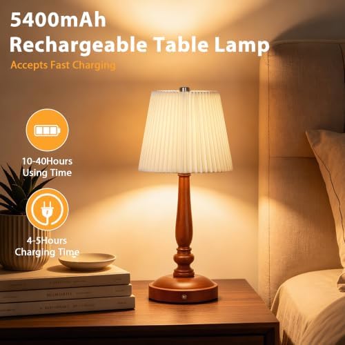 15.5'' Cordless Table Lamp, 5400mAh Rechargeable Small Bedside Lamp, White