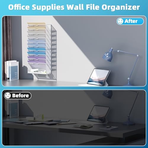 Marbrasse Wall File Holder 11-Tier Hanging Wall File Organizer, for Papers, Files Clipboard & Magazine Organizer, Wall Mount File Holder Great for Office Home (White)