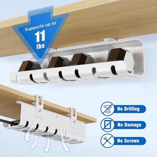 2 Pack No-Drill Under Desk Cable Management Tray 33.8 inch Large Wire Cord Organizers, Cable Management Under Desk for Home and Office No Damage White
