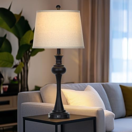 28.75 " 3-Way Touch Control Modern Table Lamp Set of 2 for Living Room , Bedside Lamp with USB A+C Ports, Mid Century Black Table Lamps, Nightstand Lamps Set ,Beige Fabric Shade Vintage Accent Style