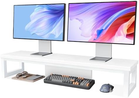 Dual Monitor Stand Riser, Large Computer Monitor Stand for 2 Monitors, Multi-Purpose Desk Organizers and Accessories, Wood and Steel Desk Shelf for Computer, Laptop, Printer, TV, White
