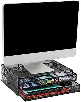 Mind Reader Monitor Stand, Ventilated Laptop Riser, Storage Drawer, Office, Metal Mesh, Black