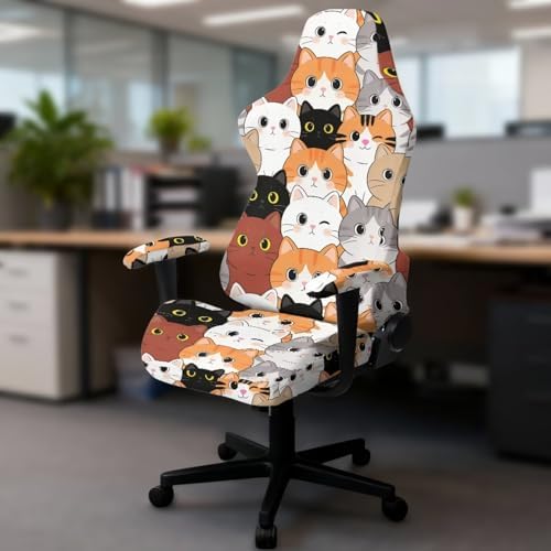 Cartoon Cats Print Gaming Chair Cover Stretchable 4 Piece Furniture Protector Non Slip Breathable Gaming Chair Slipcover with Armrest Covers
