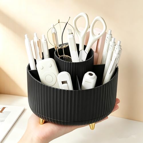 Pencil Pen Holder 5 Slots 360°Degree Rotating Pen Organizers for Desk Desktop Storage Stationery Supplies Cute Pencil Cup Pot Kids Desk Organizer for Office Home School（Black）