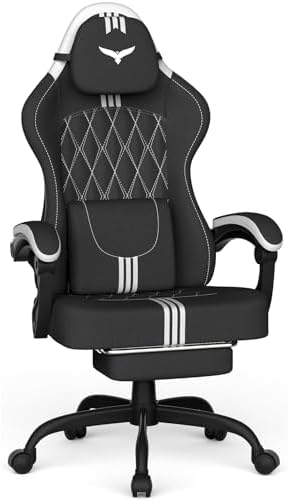 Ferghana Cotton Fabric Gaming Chair – Wider Seat Cushion, Diamond Double-Stitching, Ergonomic High Back with Footrest, Computer Gamer Chair Featuring Massage Lumbar Support for Adults (Black/White)