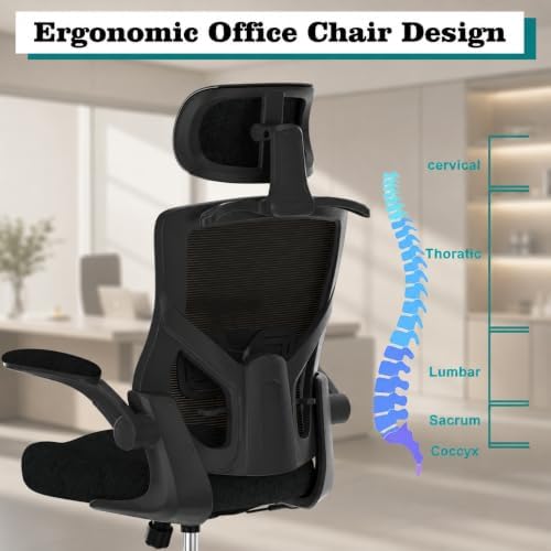 Office Desk Chair for Long Hours & Back Pain Relief – 4“ Thick Molded Foam Cushion, Enhanced Lumbar Support, Padded Flip-up Armrests, Ideal for Office or Study (Black-HR)