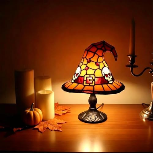 Stained Glass Witch Hat Lamp, Handcrafted Resin Halloween Witch Lamp (Purple)