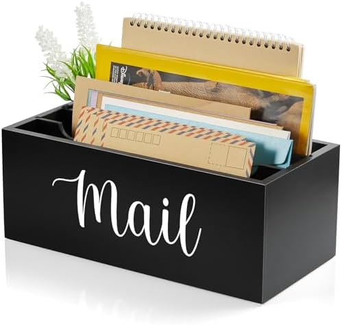 DRASTAR Mail Organizer Countertop, Wooden Mail Holder with 3 Slots, Desktop Mail Organizer, Black Mail Sorter for Home Office Accessories